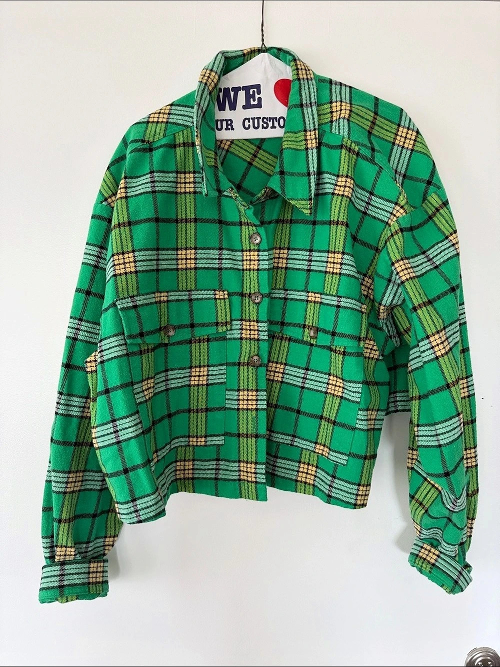 Good American Flannel Crop Button-Up Shirt Plaid Green & Yellow Size 6